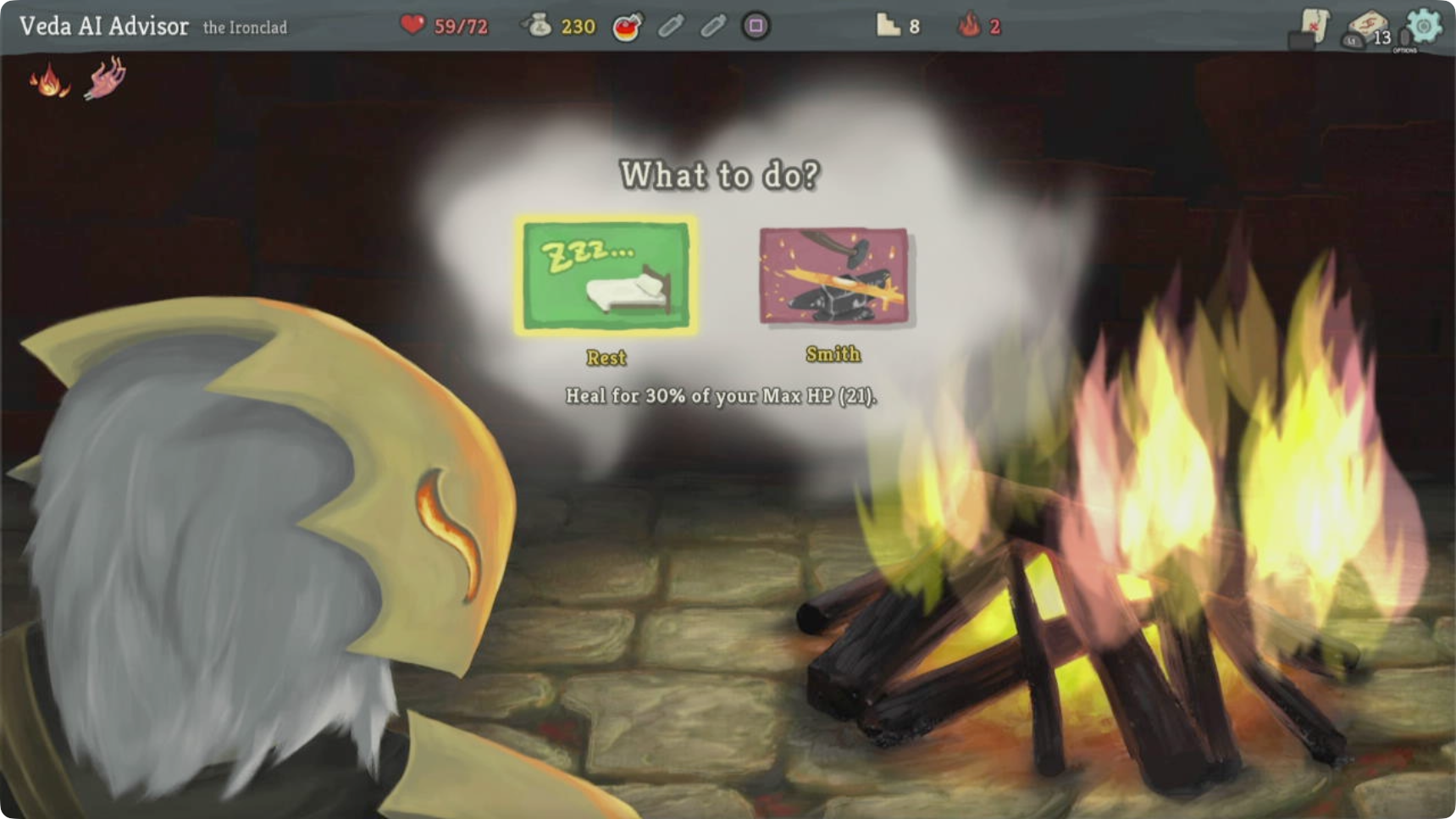 A campfire choice between resting and upgrading
