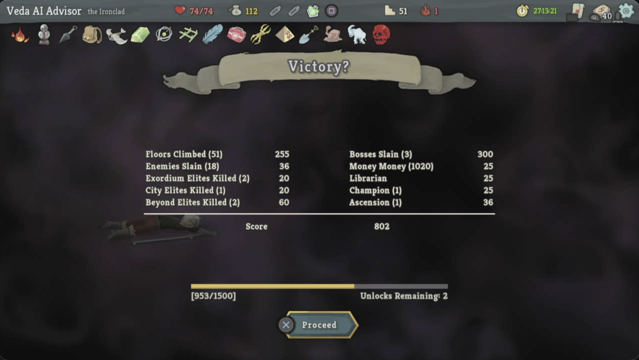 Ascension 1 final results showing score 802