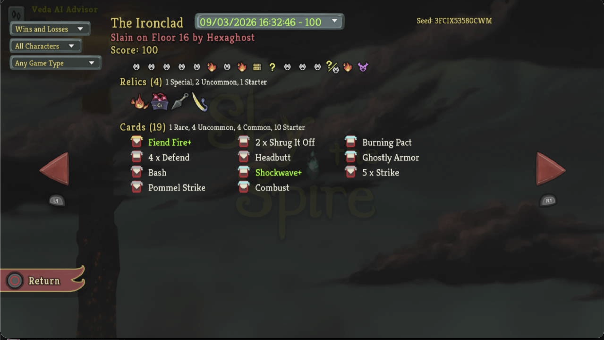 Ascension 0 Run 1 history screen showing Ironclad slain on Floor 16 by Hexaghost