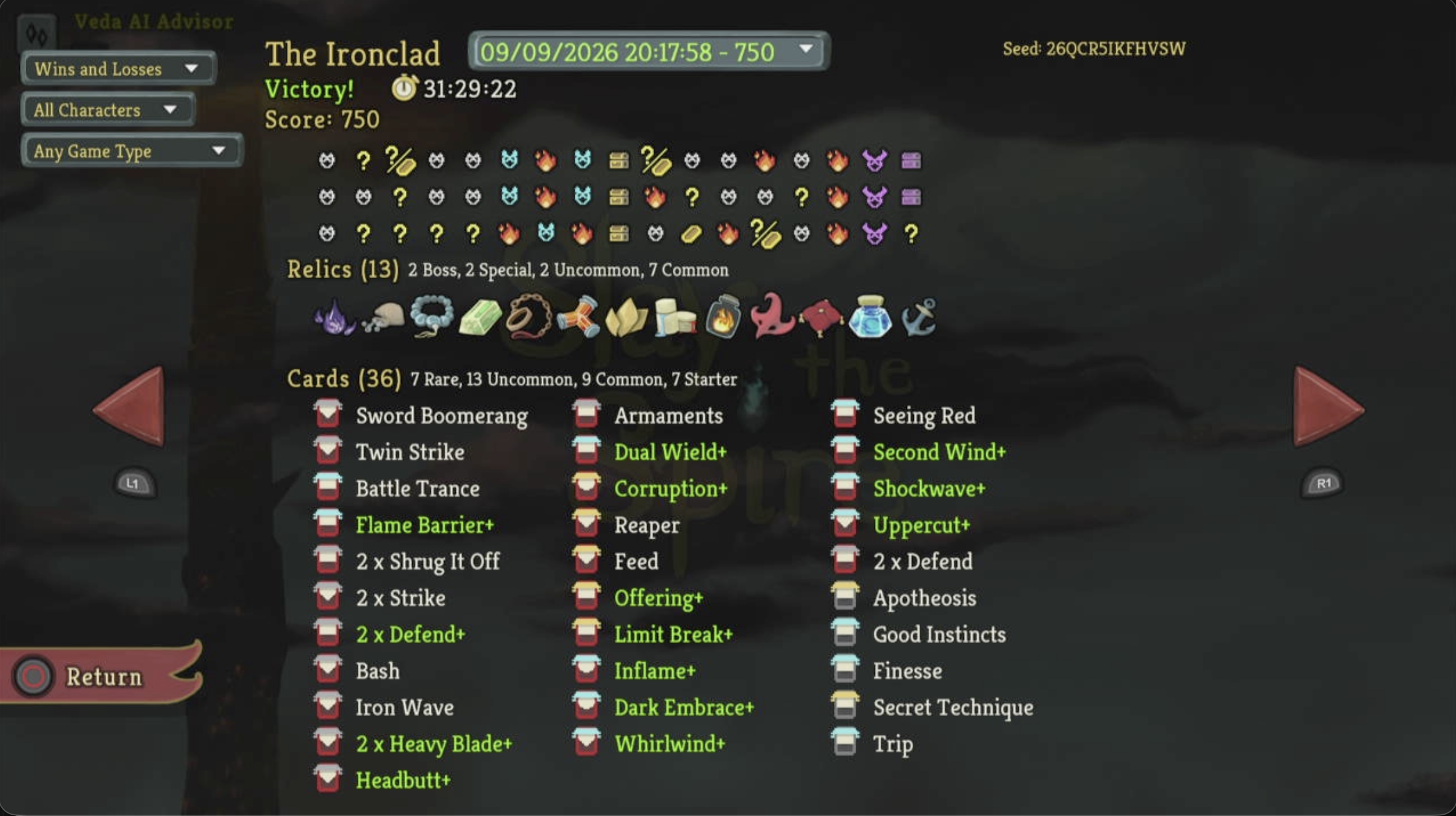 Historical Ascension 0 Ironclad victory with score 750