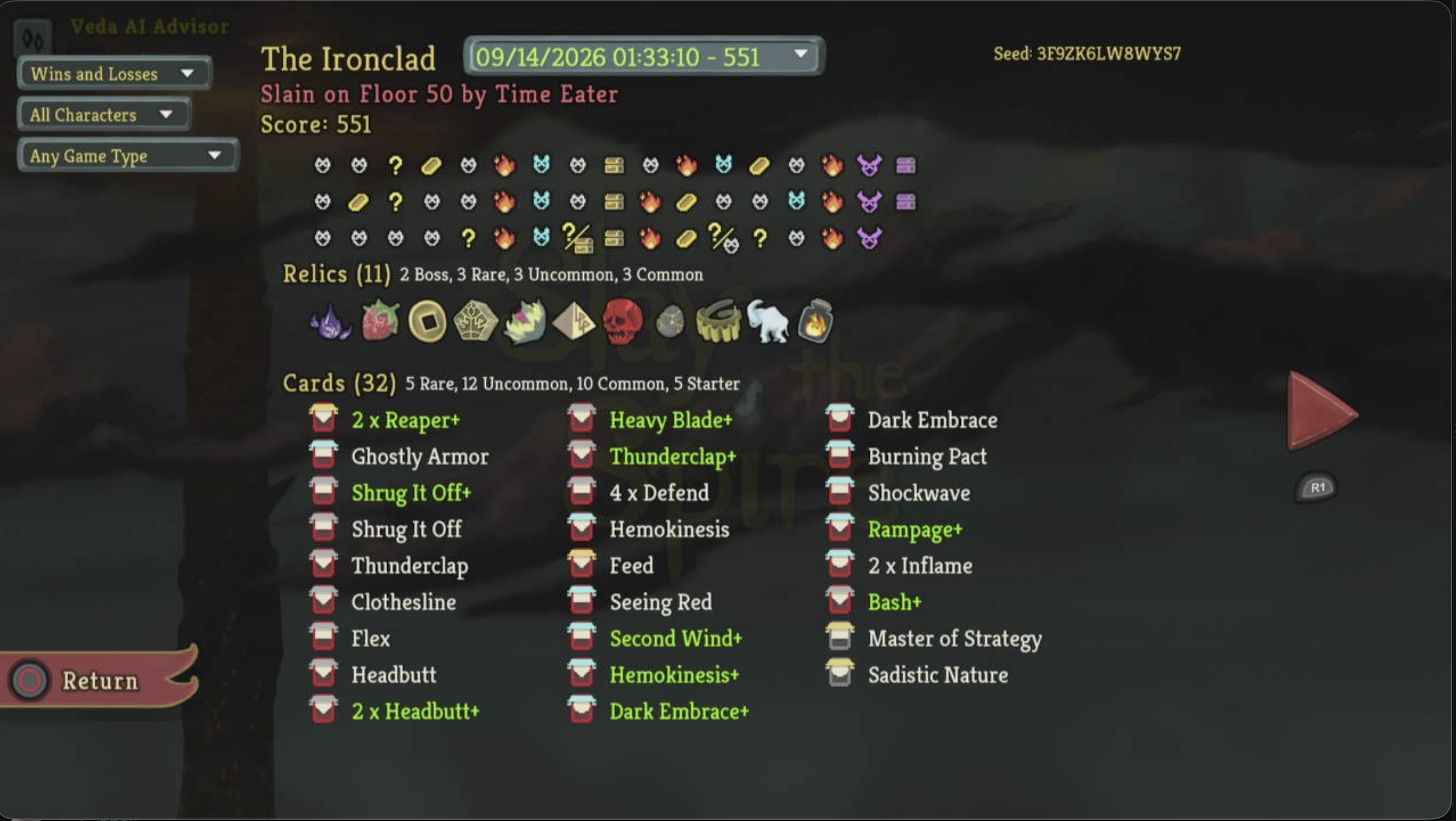 Ascension 1 Run 1 history screen showing Ironclad slain on Floor 50 by Time Eater