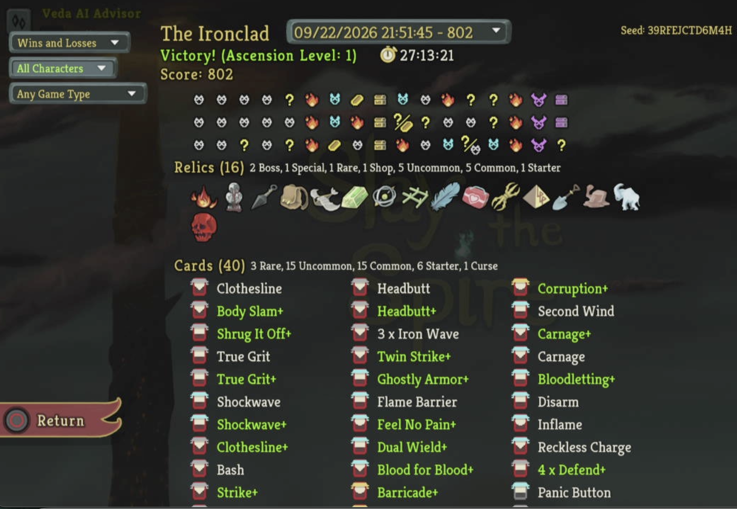 Ascension 1 Run 2 victory, score 802, 16 relics and 40 cards